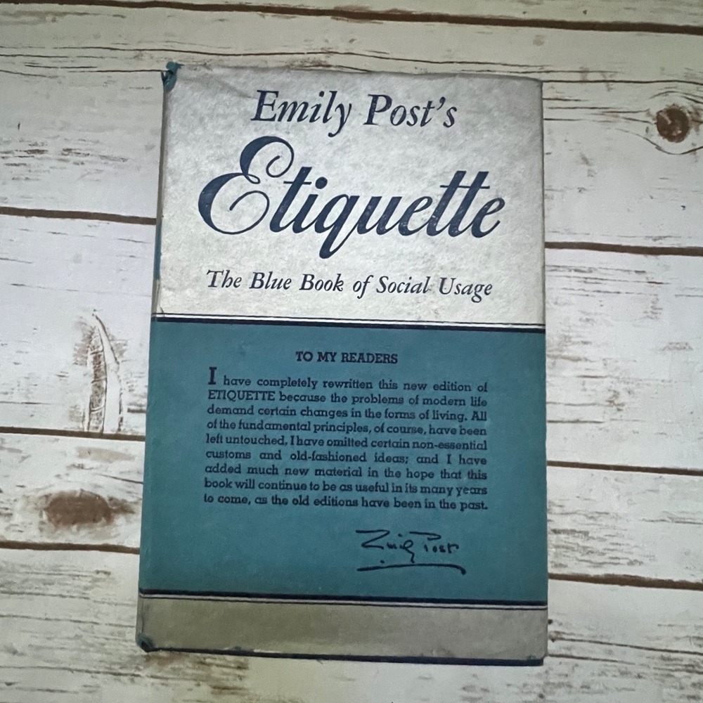 Emily Post Etiquette Book Blue Silver 1951 Revised Hardcover DJ 77th Printing